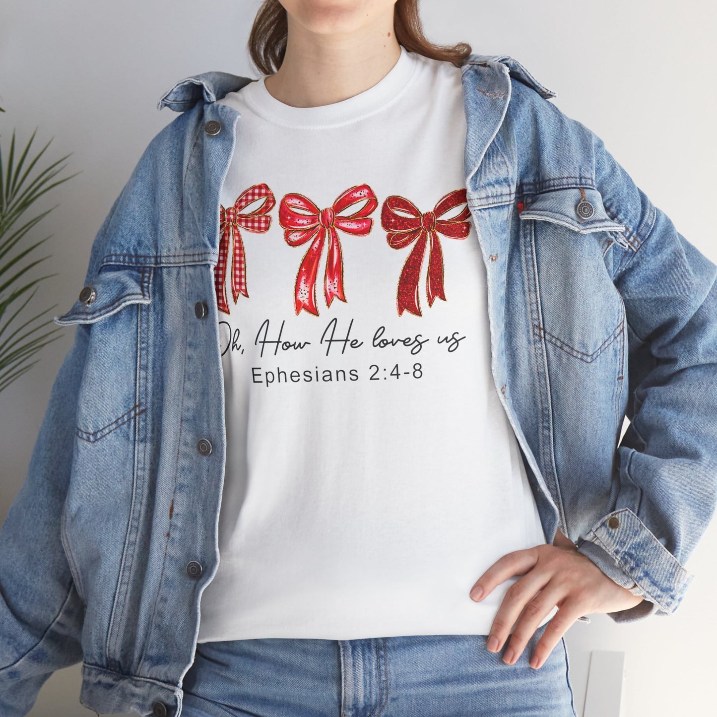 Women’s Christian Tee — ‘She Is Loved’ Ephesians 2:4-8 Red Ribbon Design