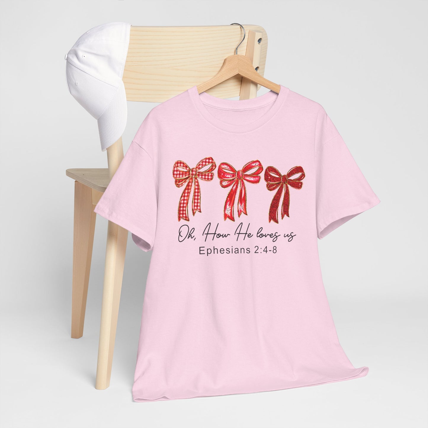 Women’s Christian Tee — ‘She Is Loved’ Ephesians 2:4-8 Red Ribbon Design