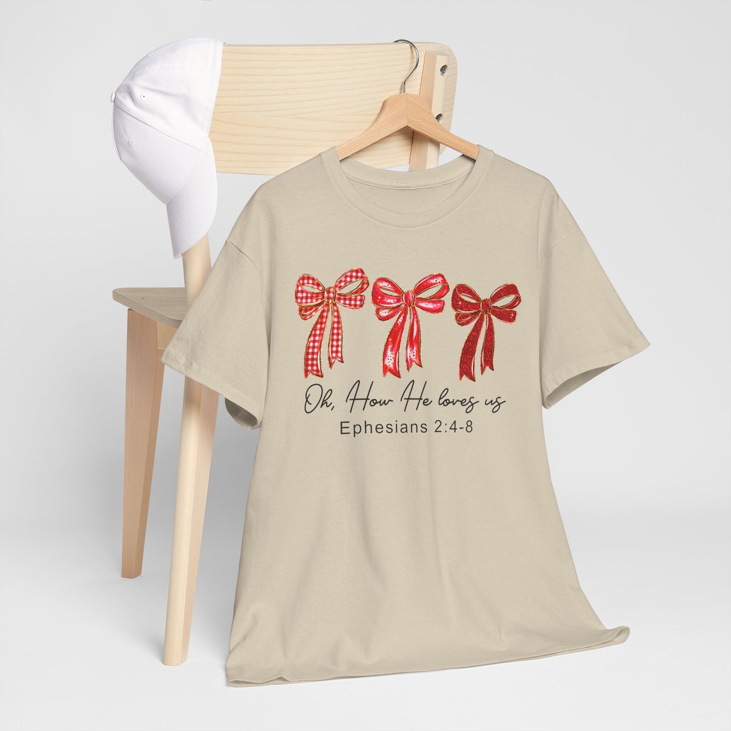 Women’s Christian Tee — ‘She Is Loved’ Ephesians 2:4-8 Red Ribbon Design