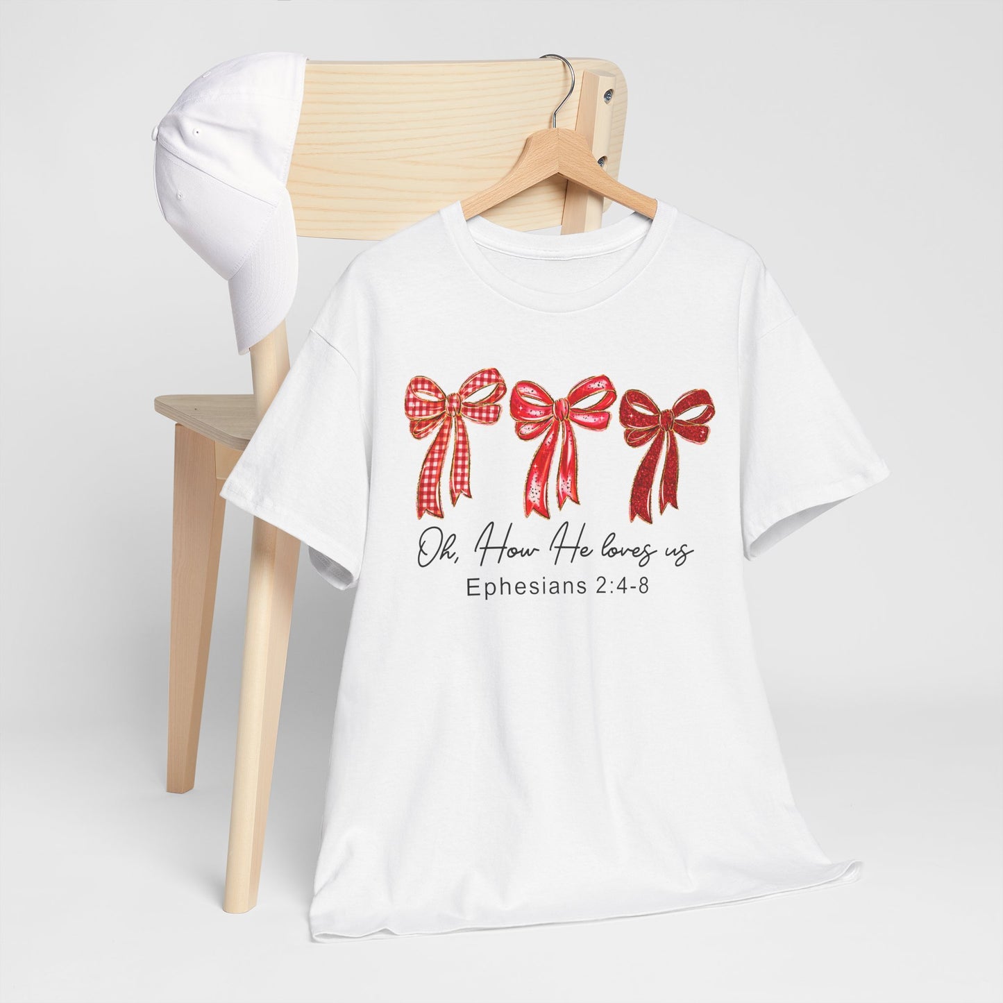 Women’s Christian Tee — ‘She Is Loved’ Ephesians 2:4-8 Red Ribbon Design