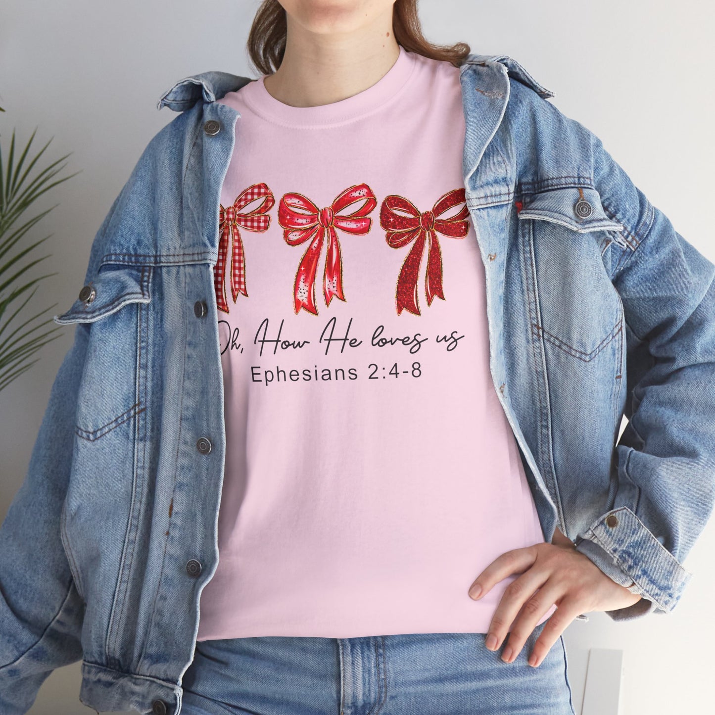 Women’s Christian Tee — ‘She Is Loved’ Ephesians 2:4-8 Red Ribbon Design