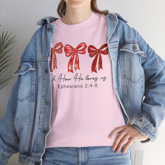 Women’s Christian Tee — ‘She Is Loved’ Ephesians 2:4-8 Red Ribbon Design