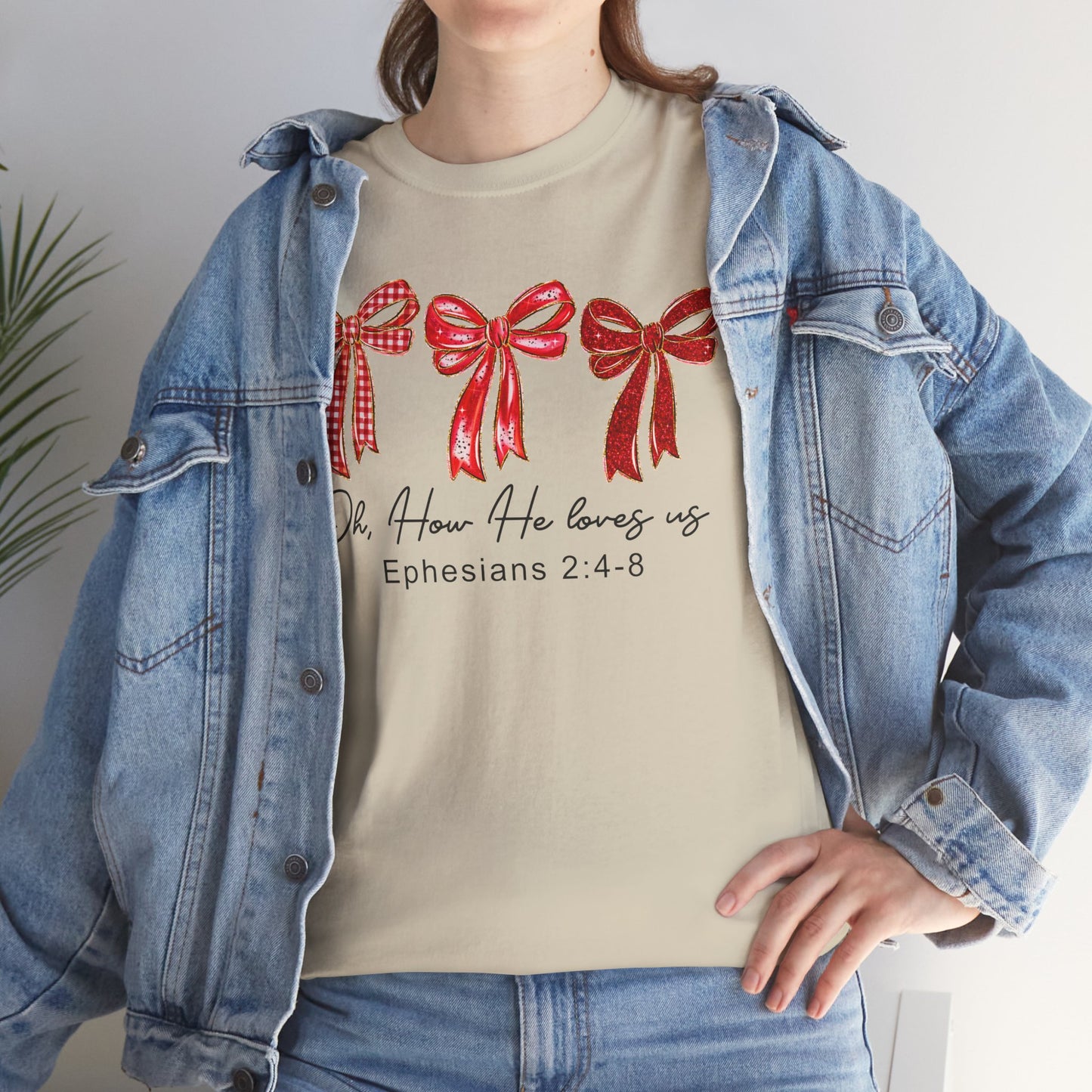Women’s Christian Tee — ‘She Is Loved’ Ephesians 2:4-8 Red Ribbon Design